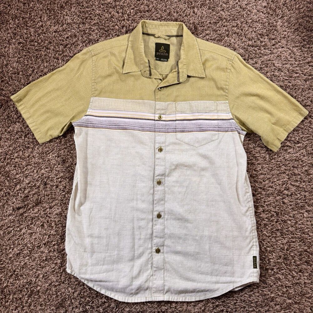PrAna men's button down short sleeve Breathe shirt Size Medium Color block Green